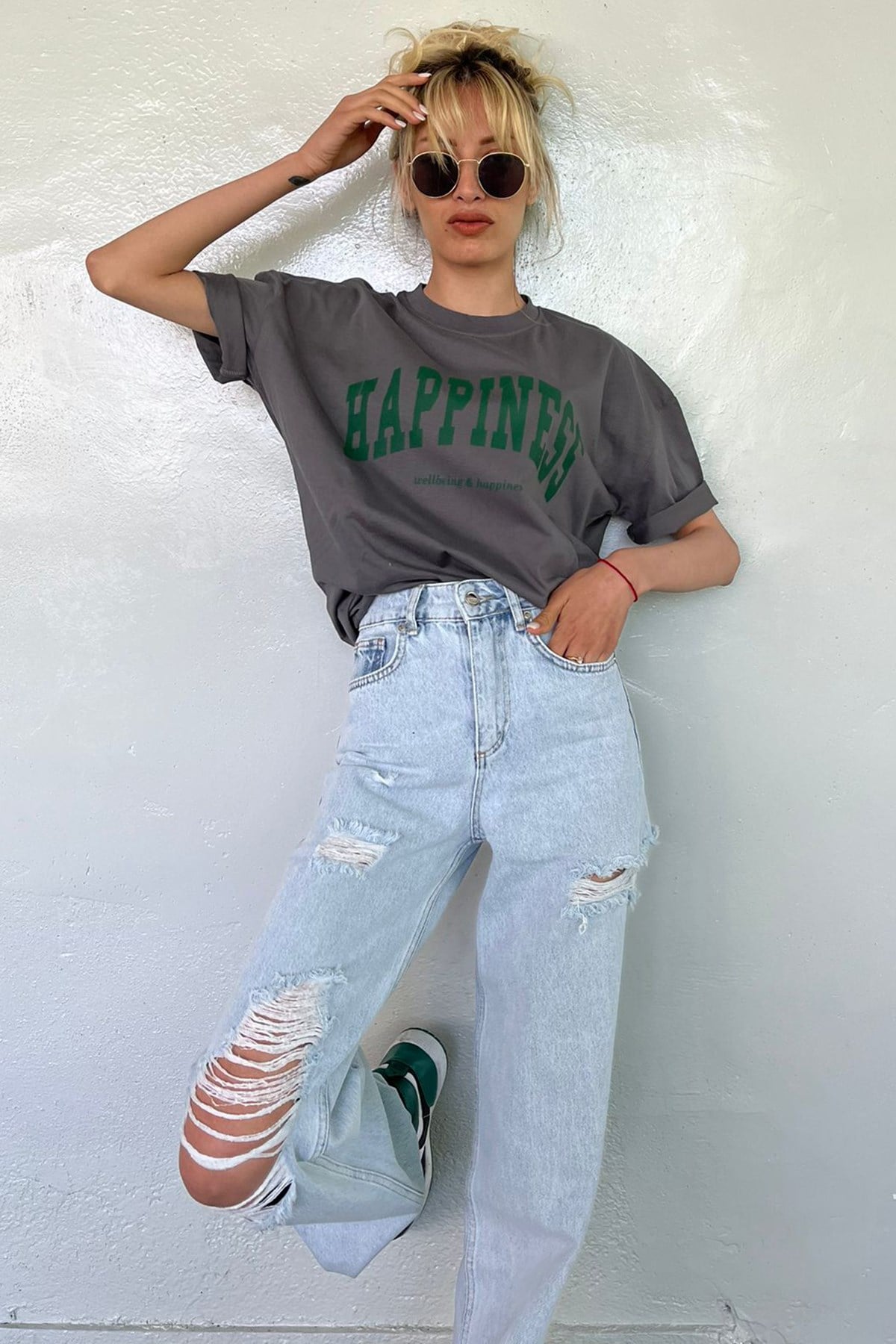 Women Printed Oversize Smoke Gray T-Shirt MG1230