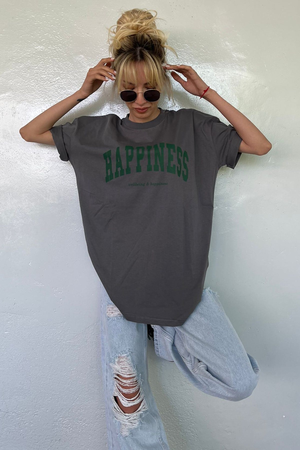 Women Printed Oversize Smoke Gray T-Shirt MG1230