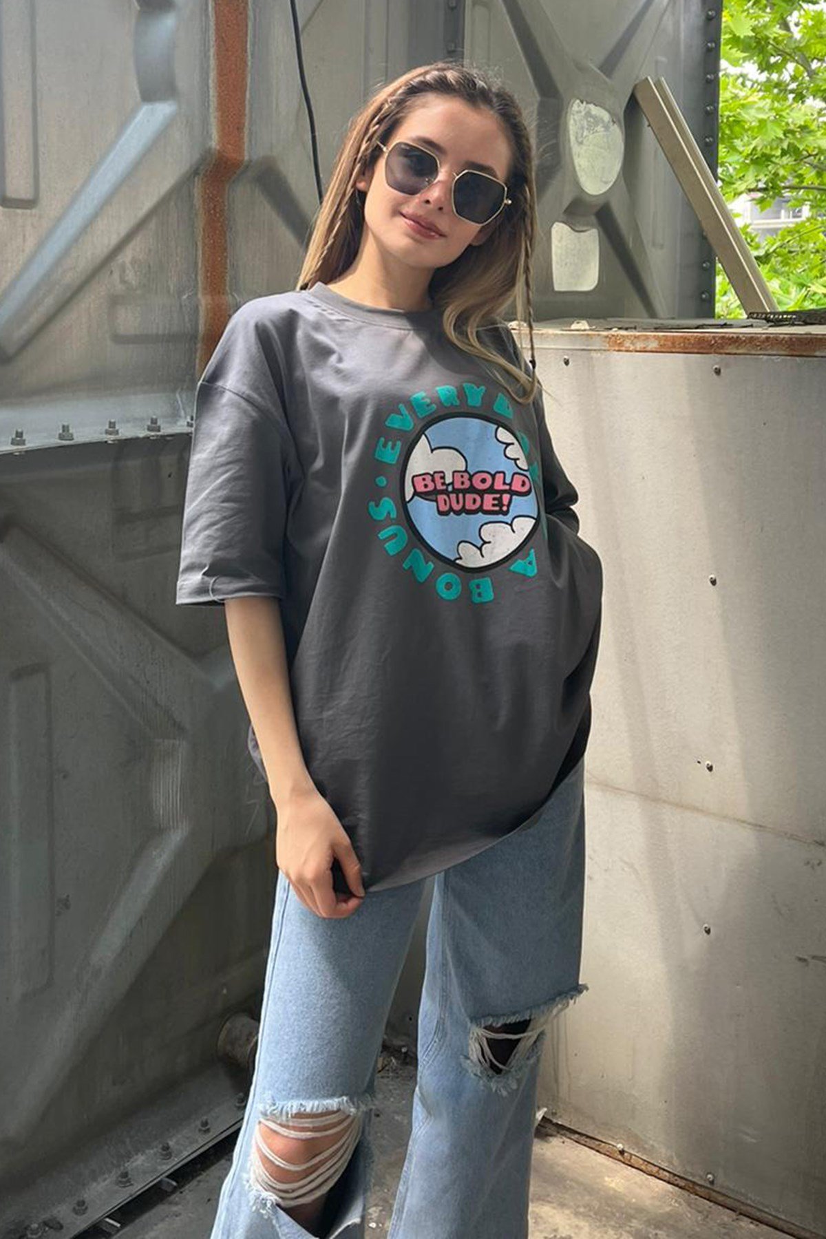 Kadın Füme Baskılı Oversize T-shirt MG948