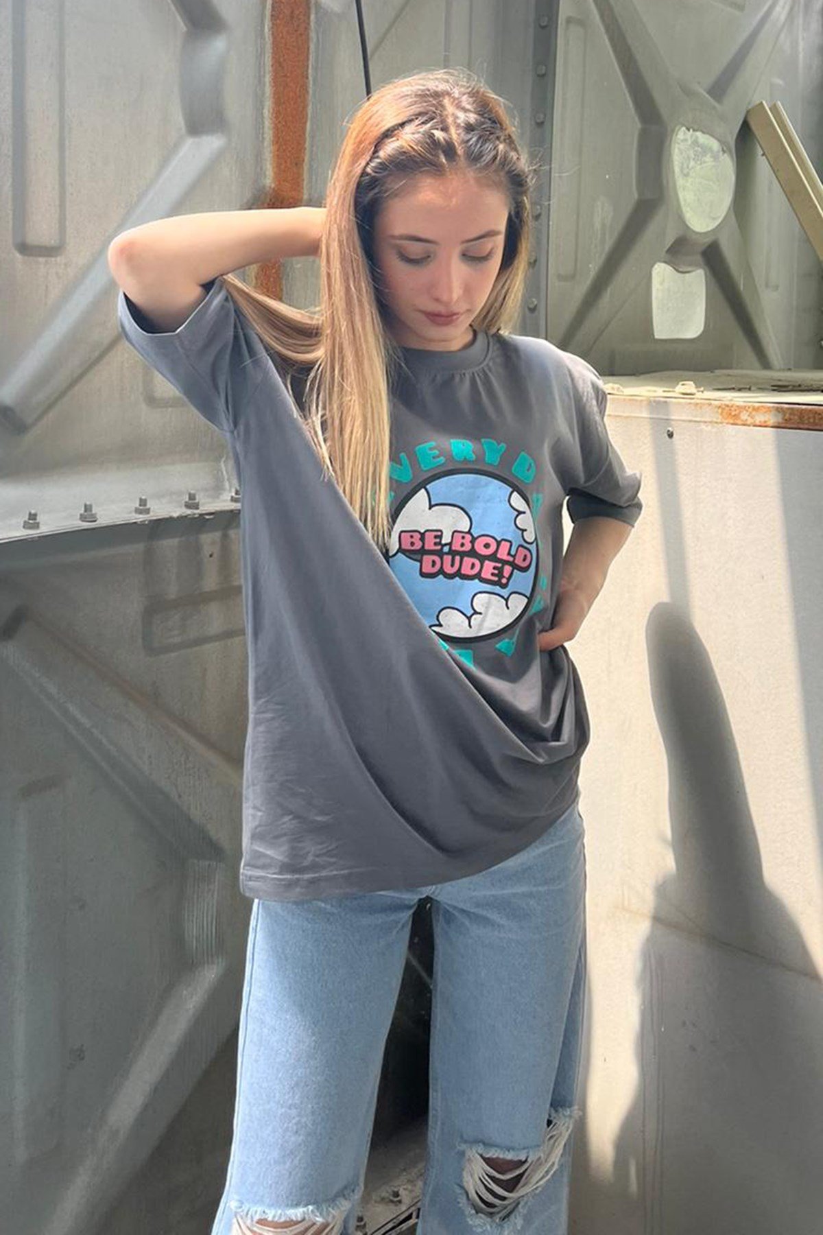 Kadın Füme Baskılı Oversize T-shirt MG948