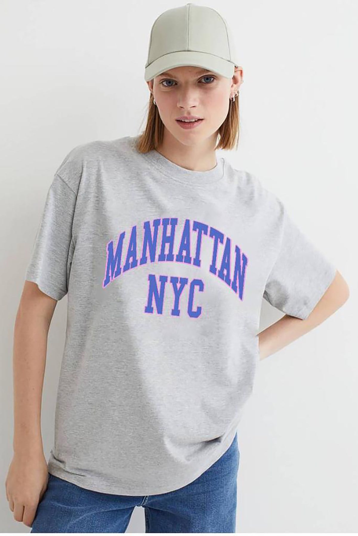 Kadın Gri Baskılı Oversize T-shirt MG1231