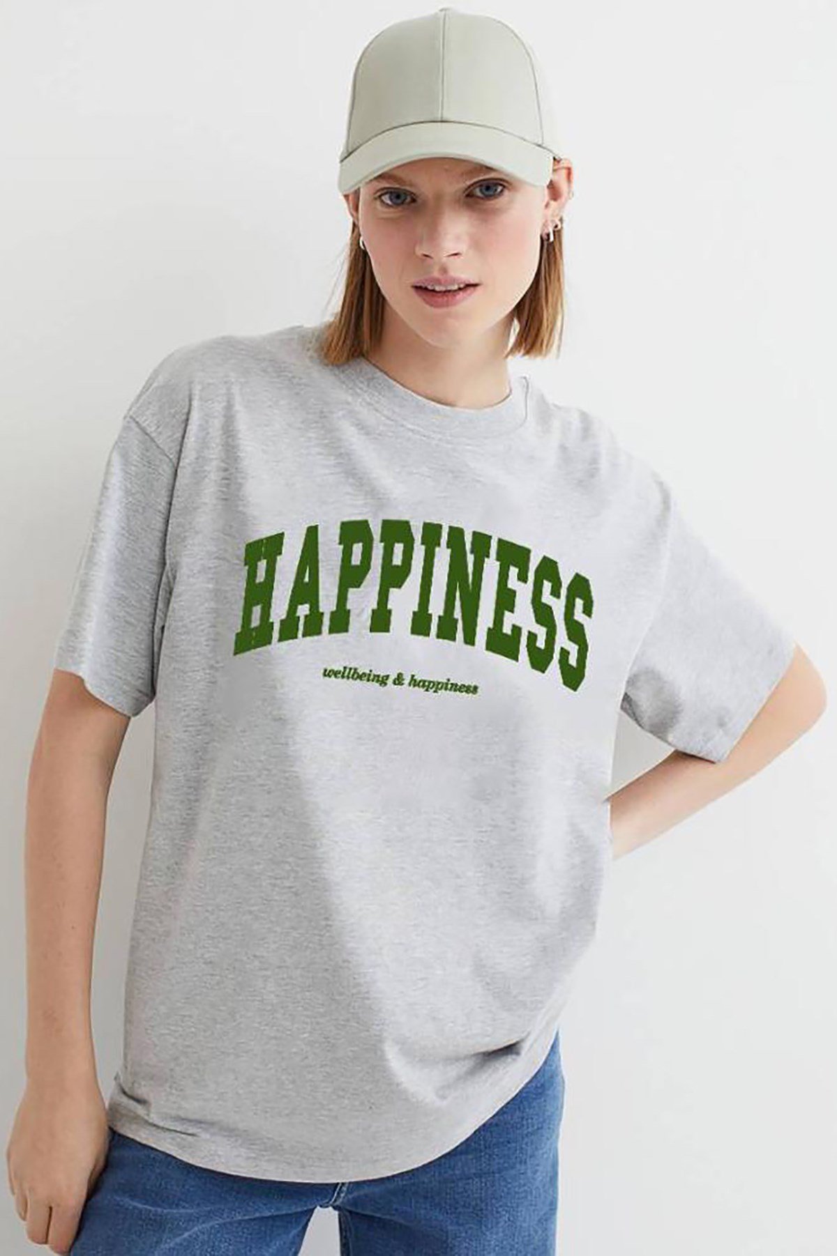 Kadın Gri Baskılı Oversize T-shirt MG1230