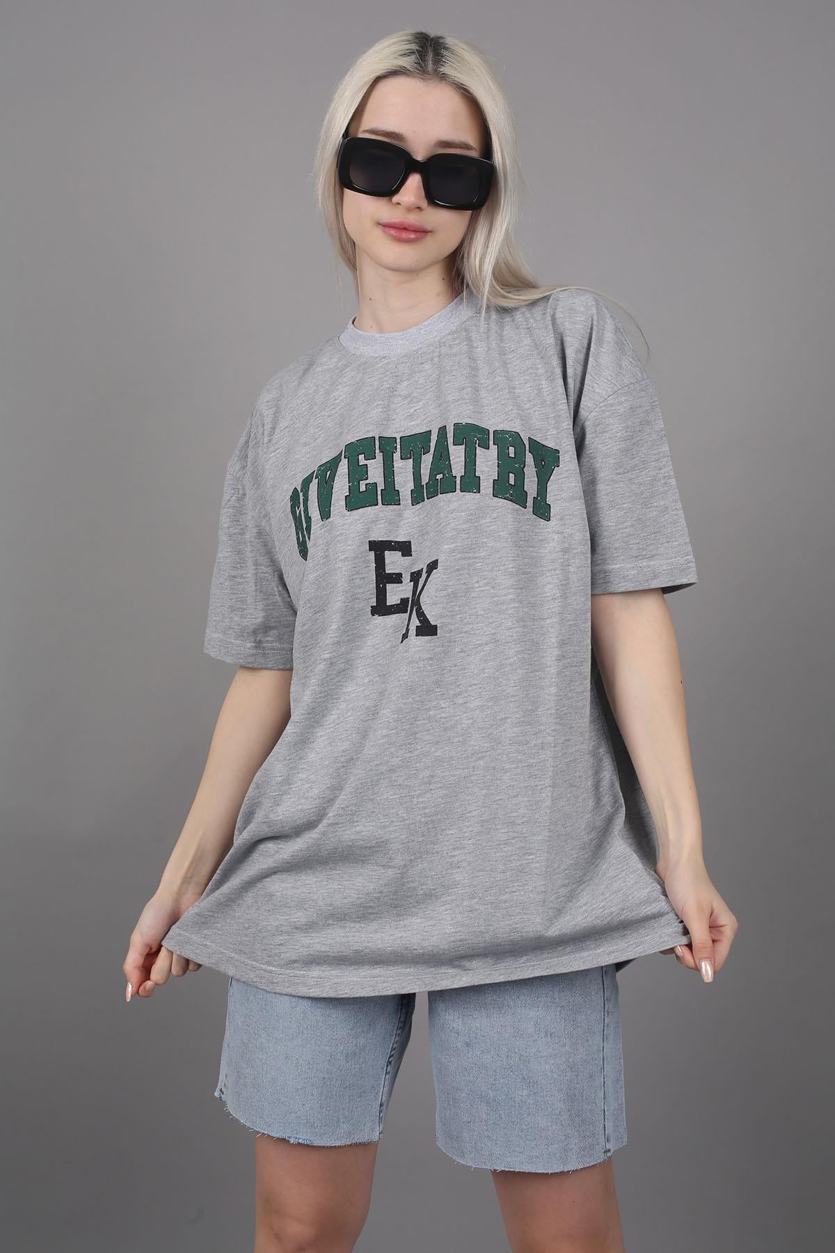 Kadın Gri Baskılı Oversize T-shirt MG1318