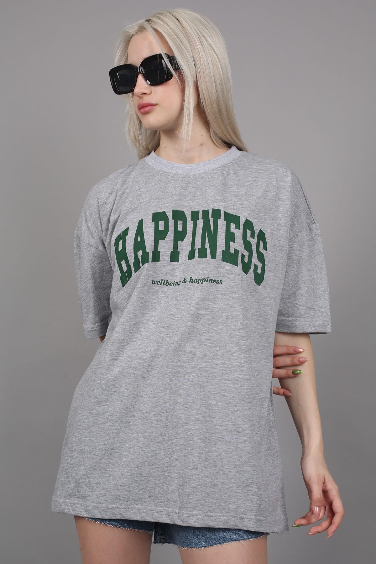Kadın Gri Baskılı Oversize T-shirt MG1230