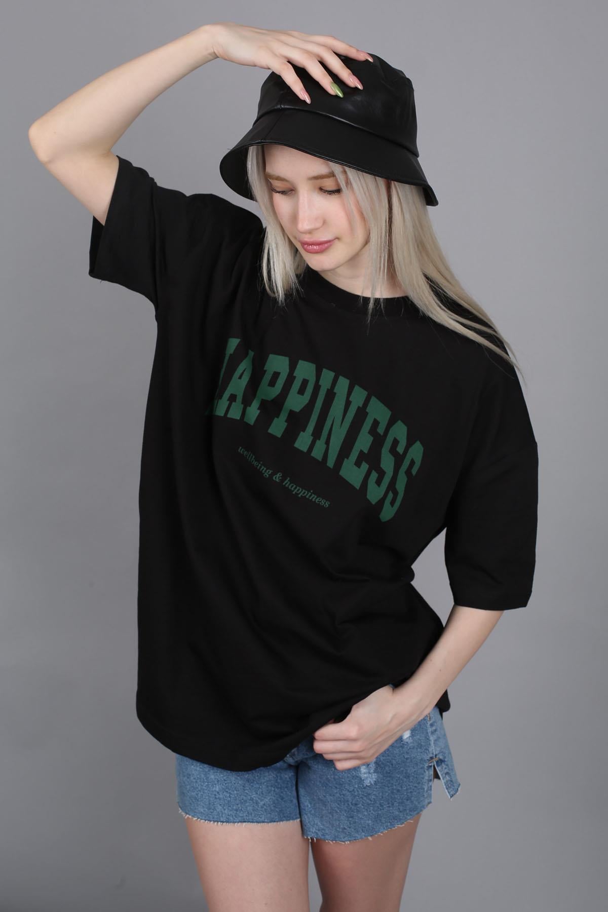 Women Printed Oversize Black T-Shirt MG1230