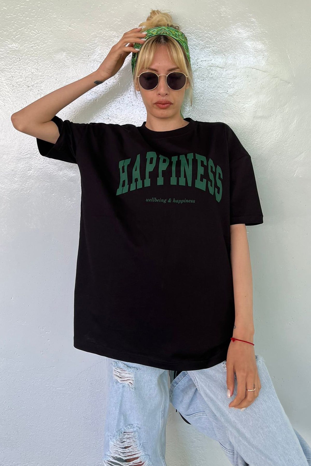 Women Printed Oversize Black T-Shirt MG1230