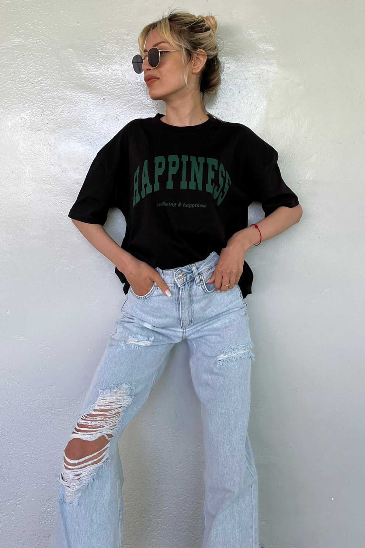 Women Printed Oversize Black T-Shirt MG1230