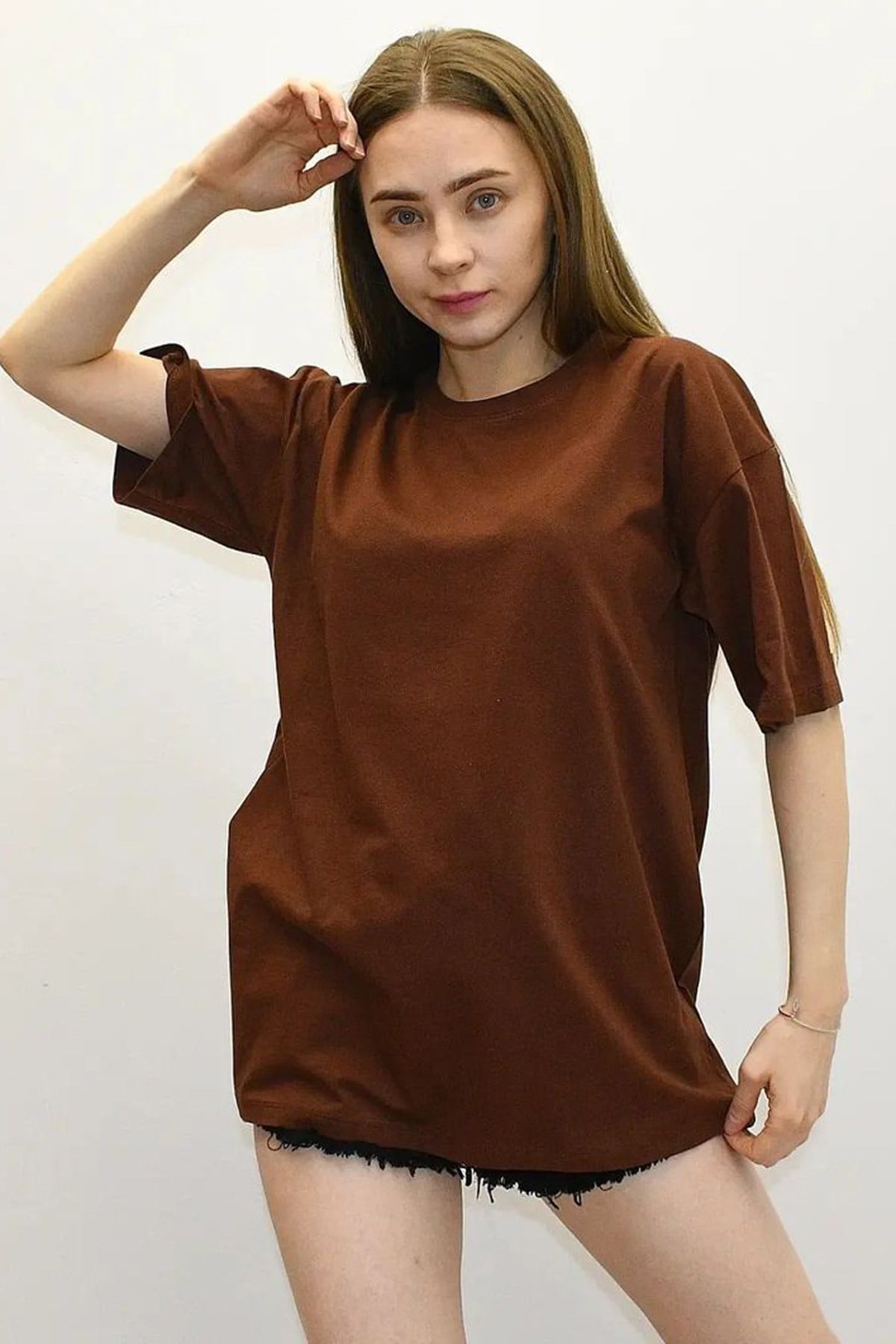 Kahverengi Baskılı Oversize Kadın Tişört MG1529
