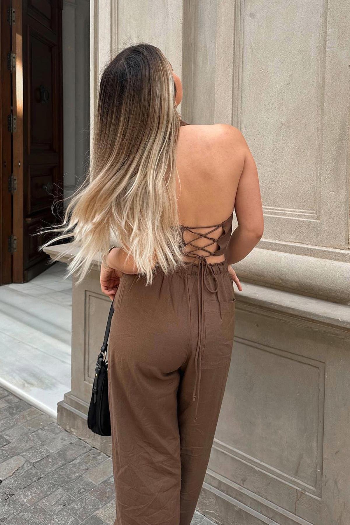 Kahverengi Beli Büzgülü Wide Leg Kumaş Pantolon MG1950