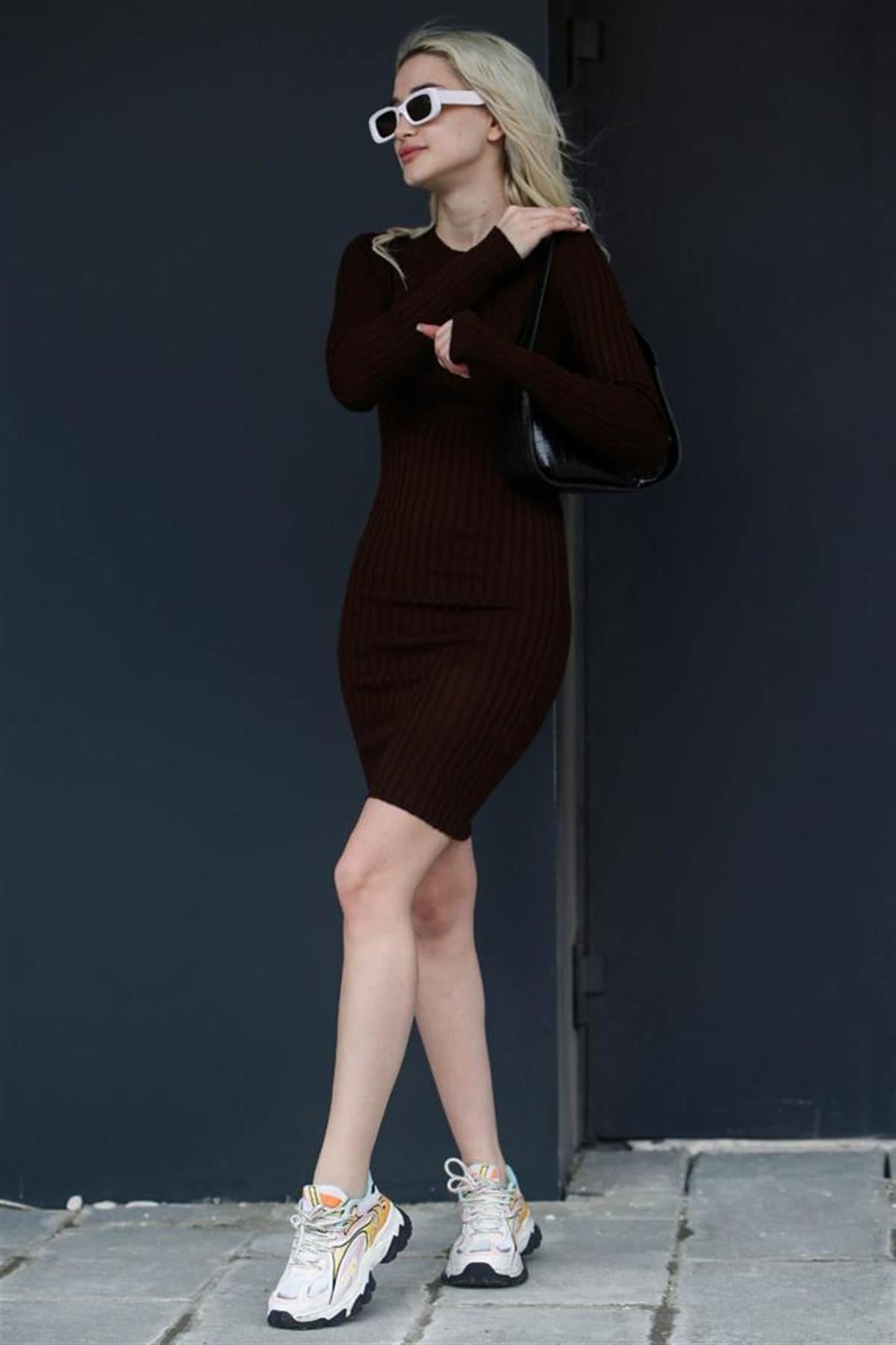Kahverengi Bodycon Fitilli Mini Elbise MG1710