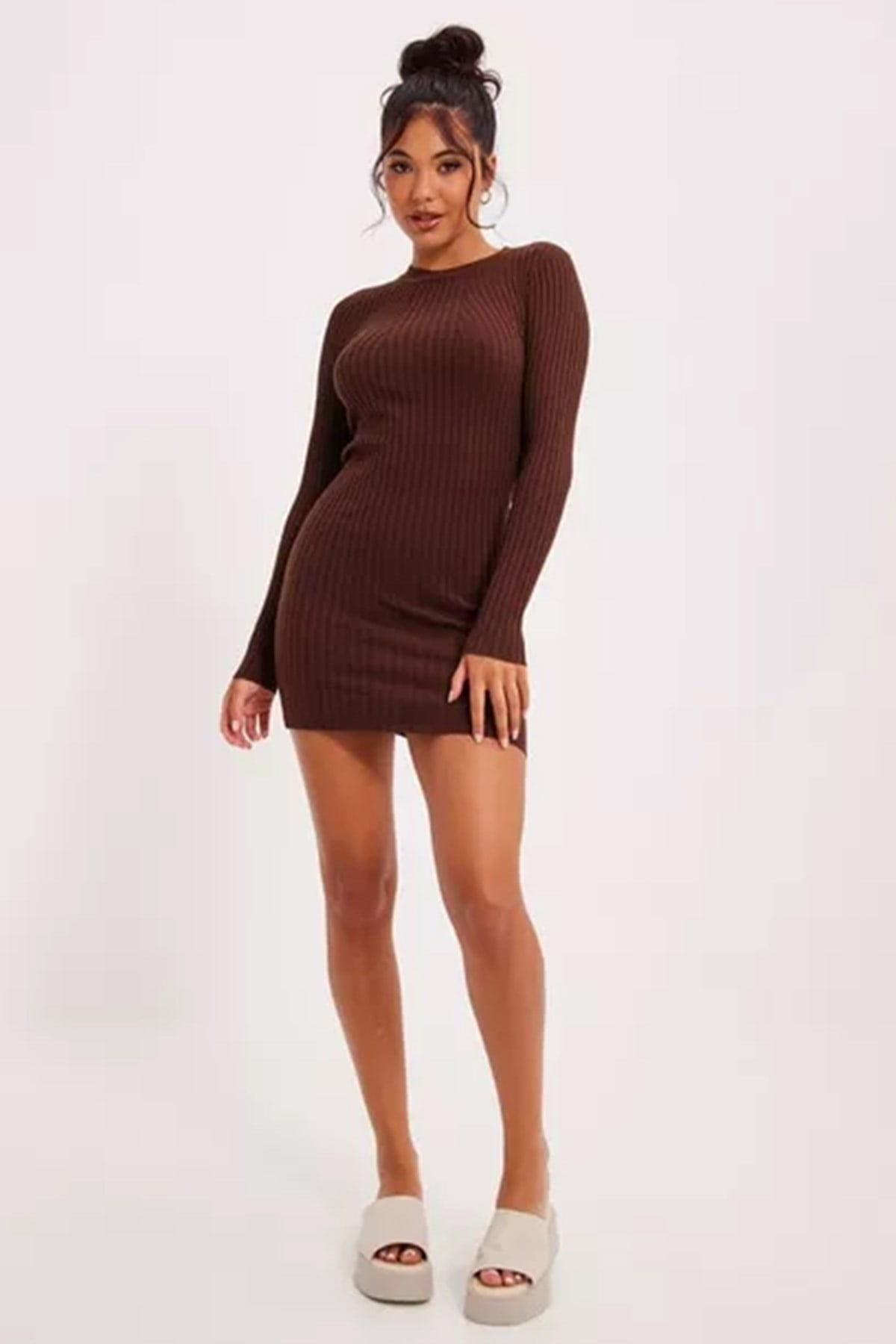 Kahverengi Bodycon Fitilli Mini Elbise MG1710