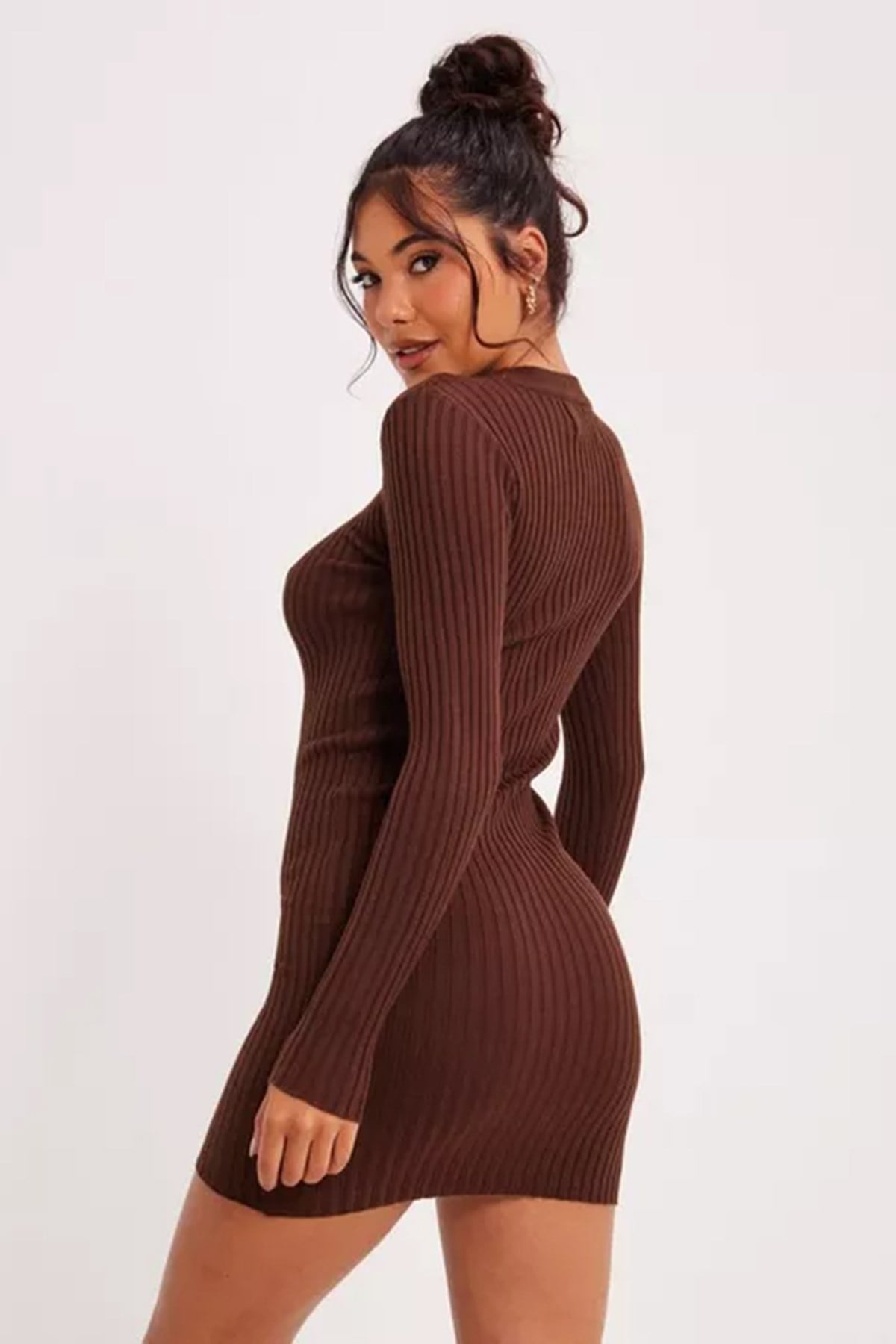 Kahverengi Bodycon Fitilli Mini Elbise MG1710