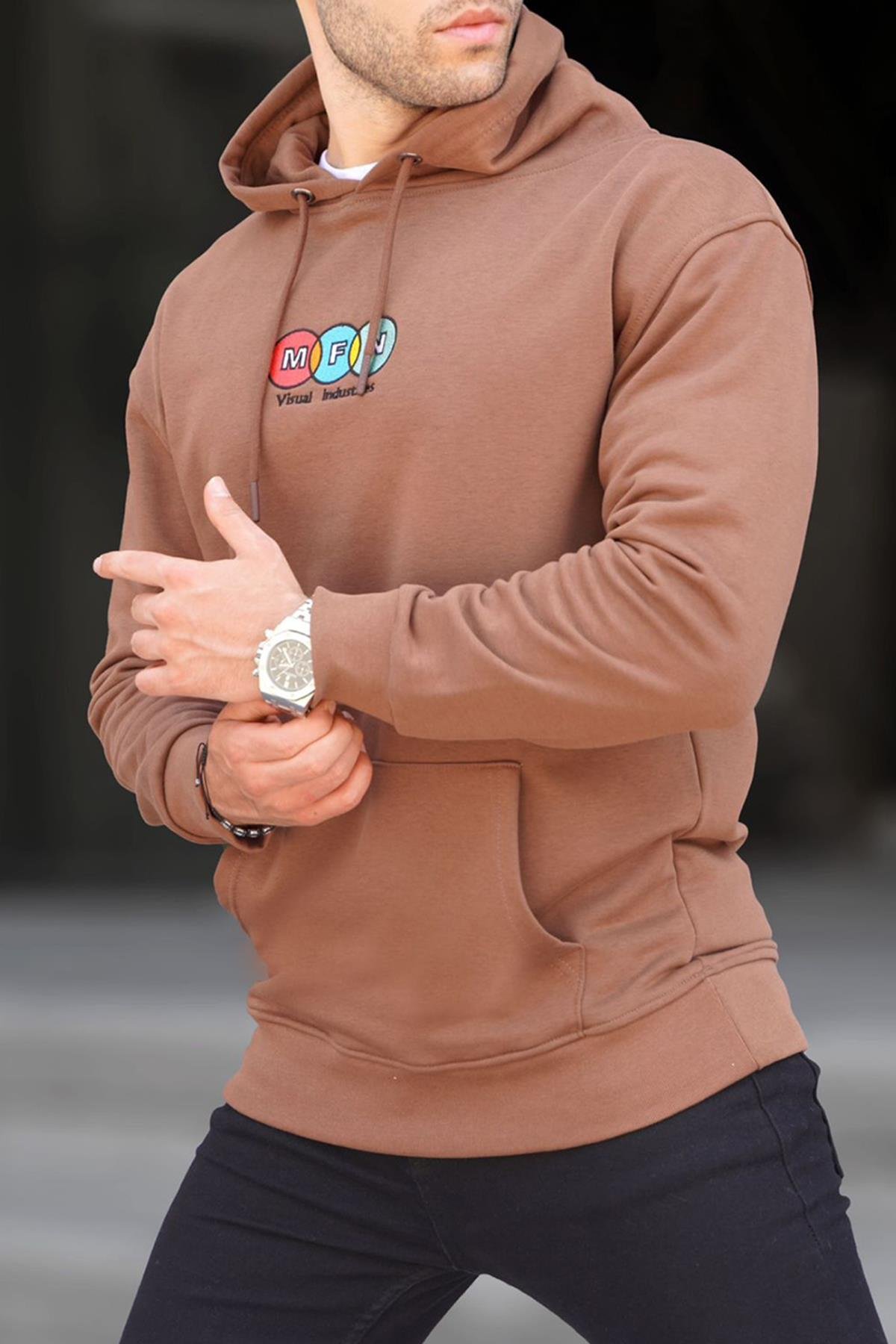 Kahverengi Kapüşonlu Nakışlı Erkek Sweatshirt 6145