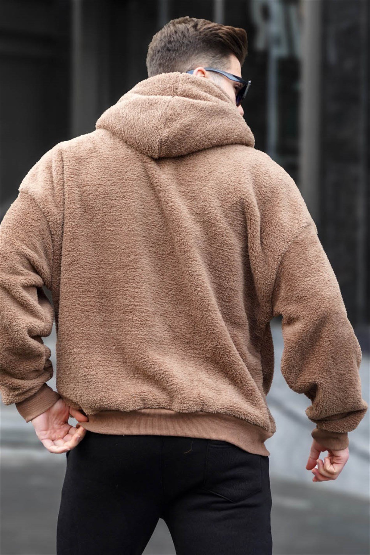 Kahverengi  Peluş Over Fit Kapüşonlu Fermuarlı Erkek Sweatshirt 6049