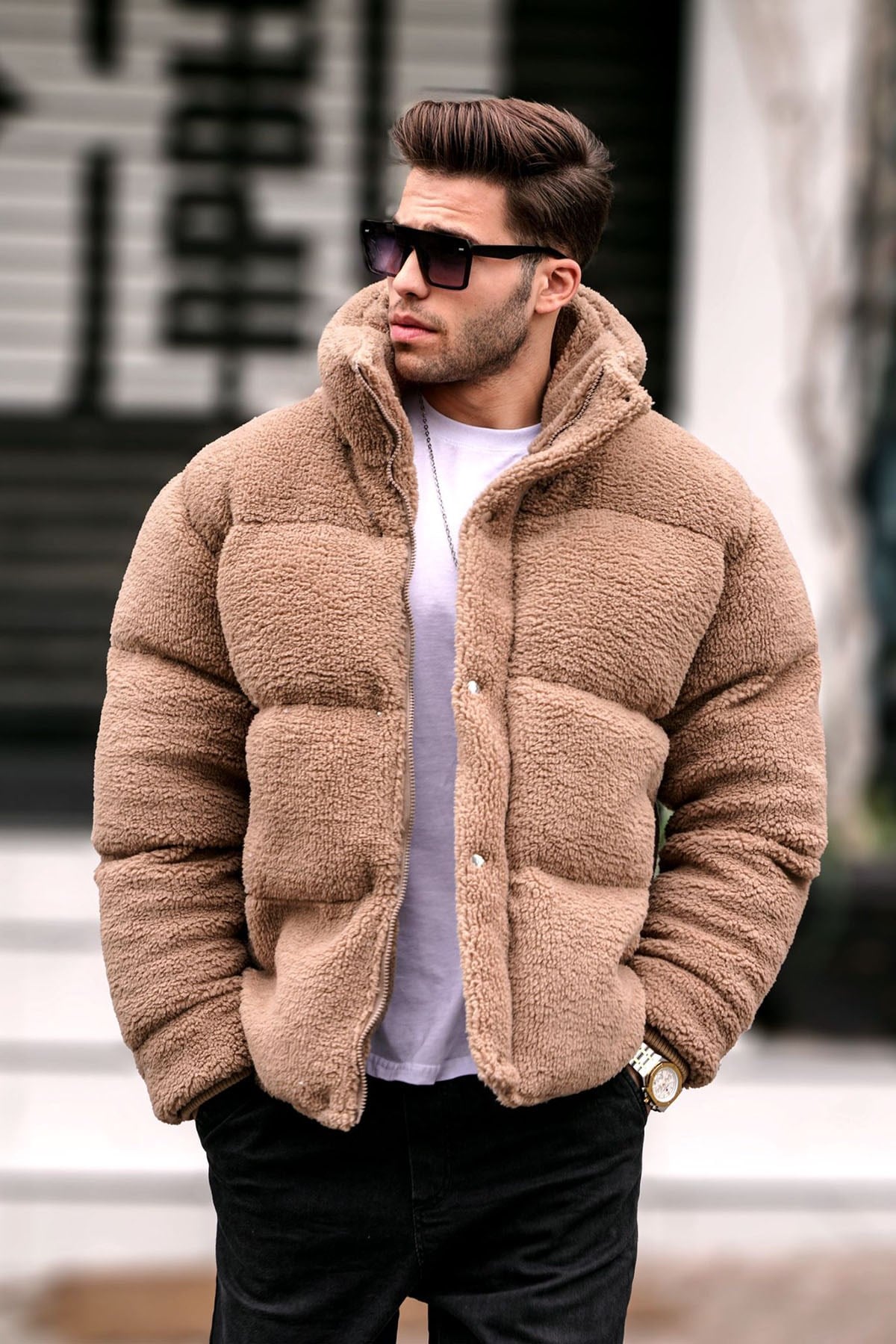 Kahverengi Şişme Peluş Erkek Mont 5698