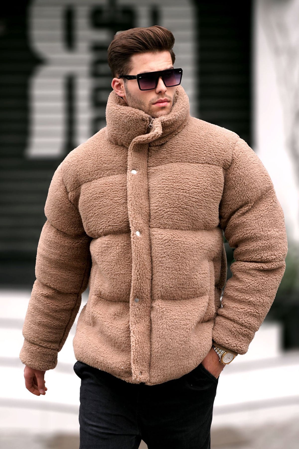 Kahverengi Şişme Peluş Erkek Mont 5698