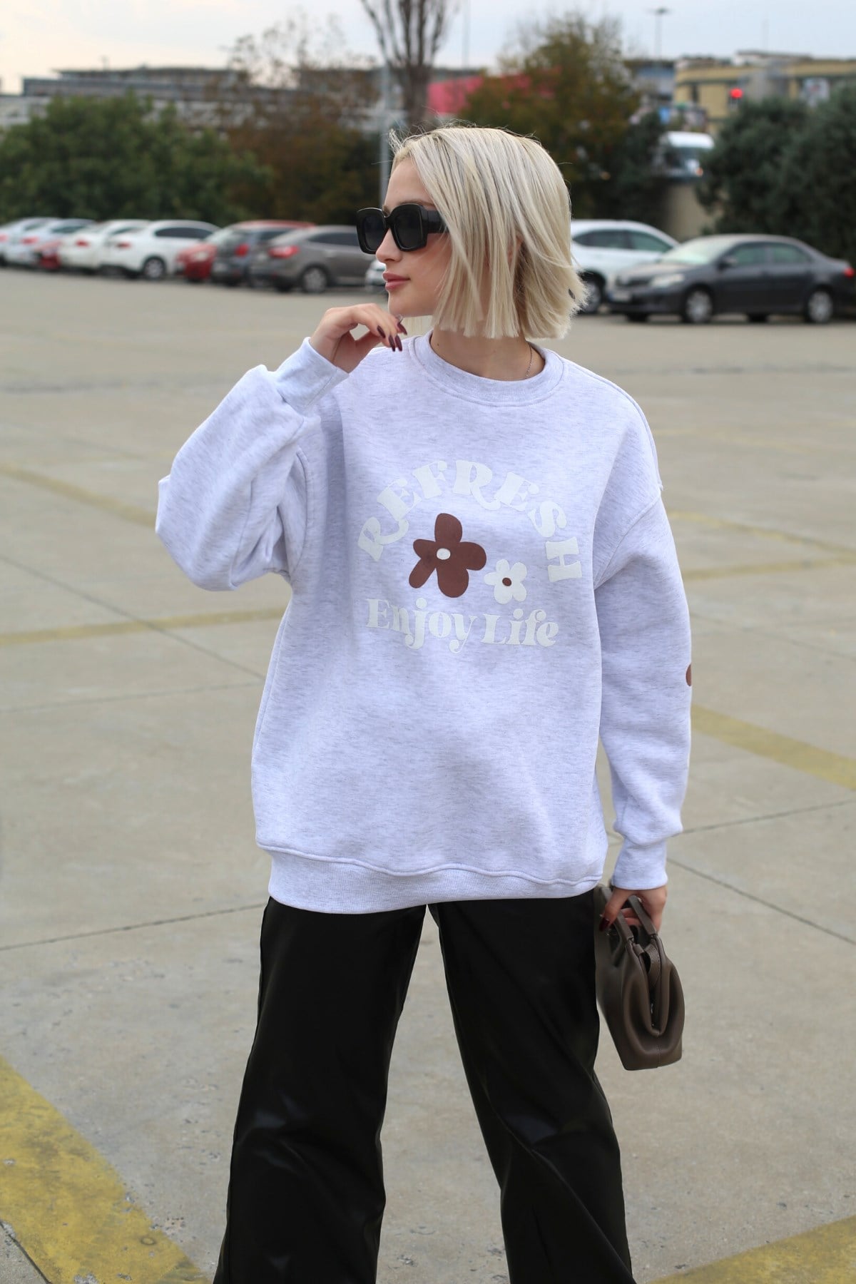 Gri Bisiklet Yaka Baskılı Sweatshirt MG1572