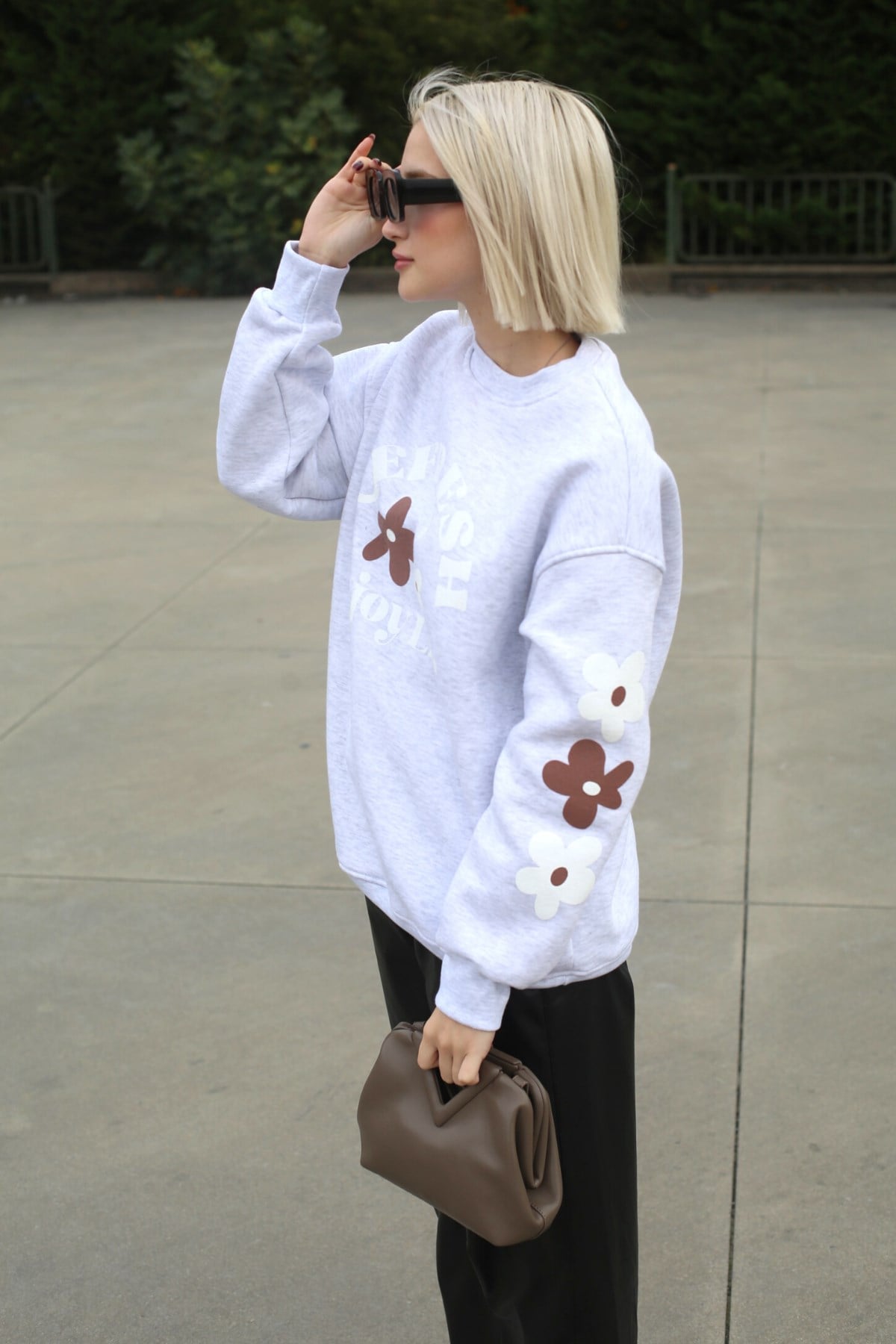 Gri Bisiklet Yaka Baskılı Sweatshirt MG1572