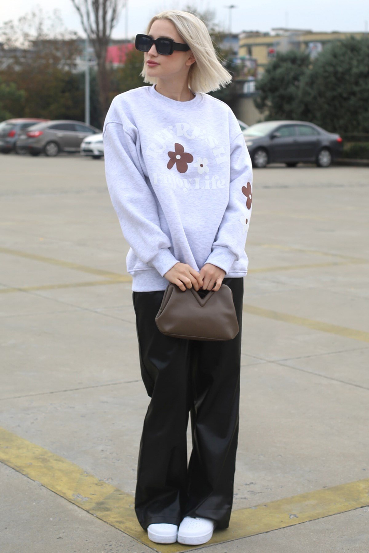 Gri Bisiklet Yaka Baskılı Sweatshirt MG1572
