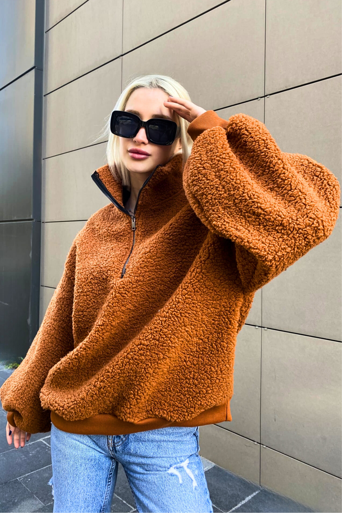 Kiremit Peluş Fermuar Yaka Sweatshirt MG1413