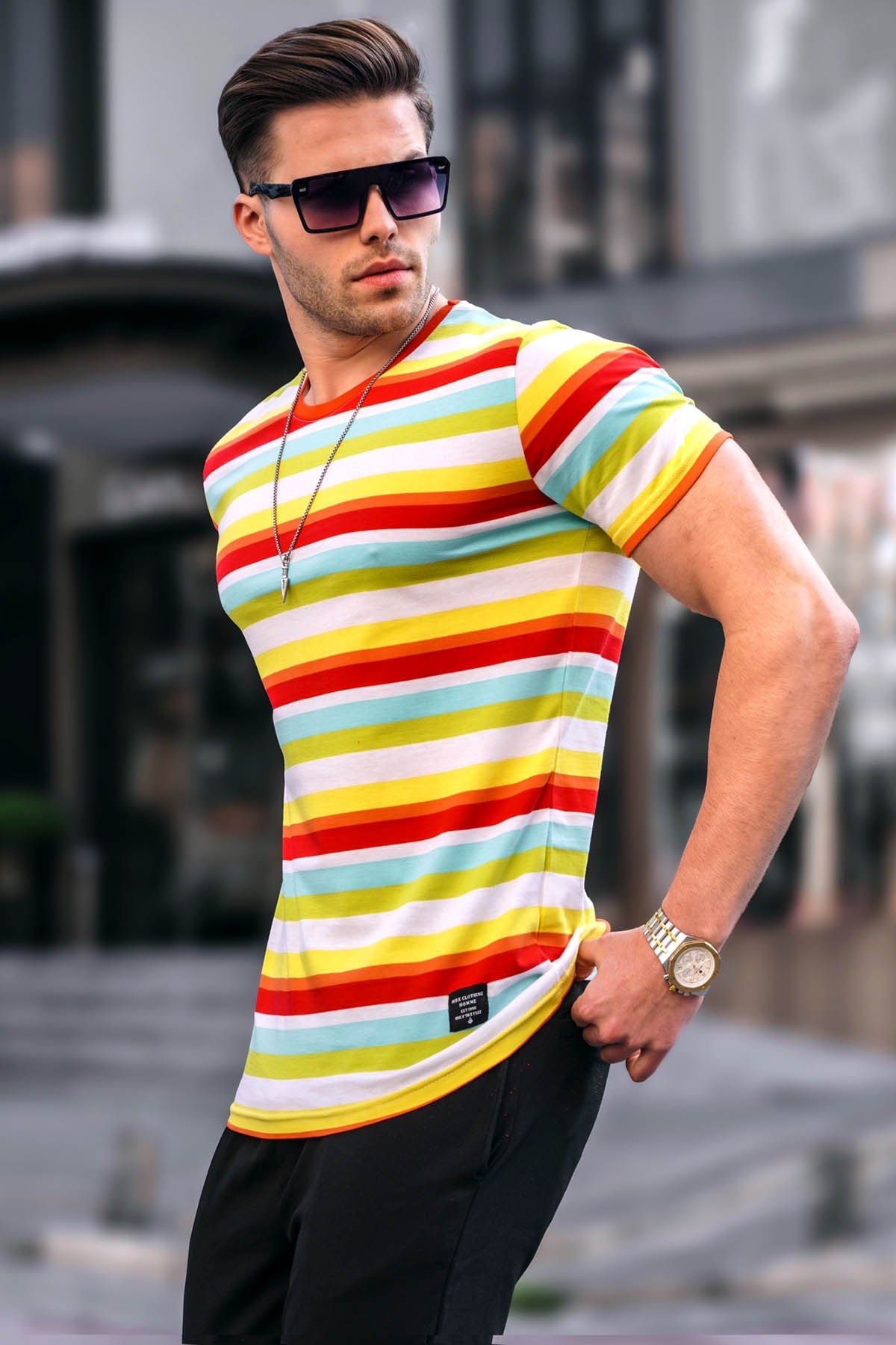 Kırmızı Çizgili Slim Fit Erkek Tişört 4032