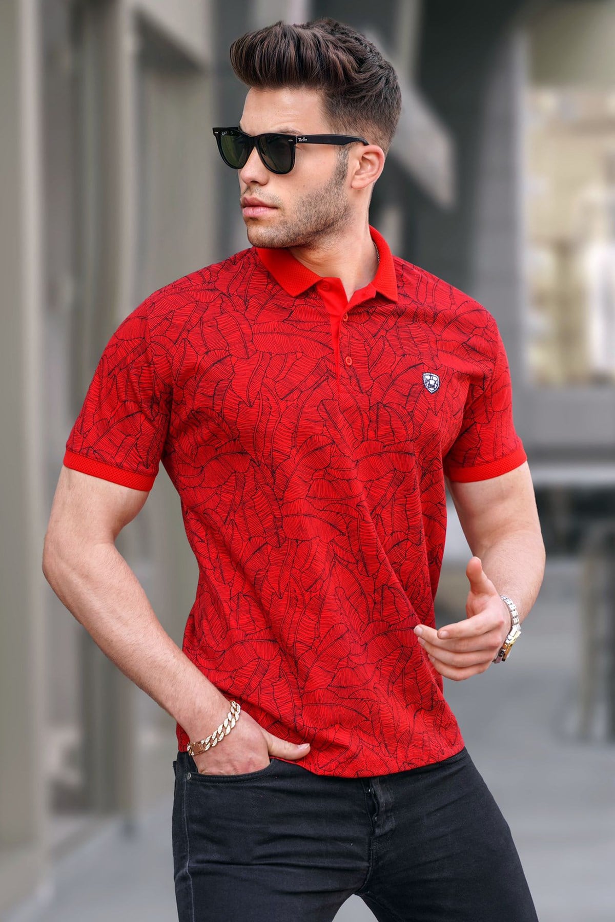 Kırmızı Desenli Polo Yaka Tişört 5876