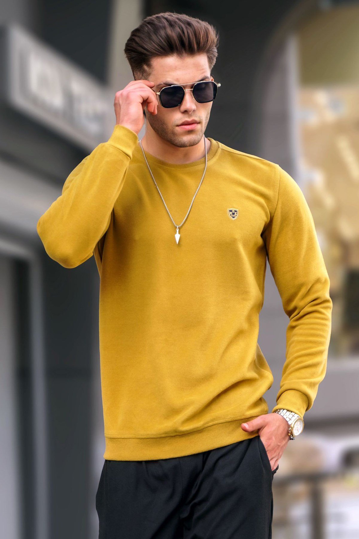 Koyu Hardal Bisiklet Yaka Regular Fit Basic Sweatshirt 5799