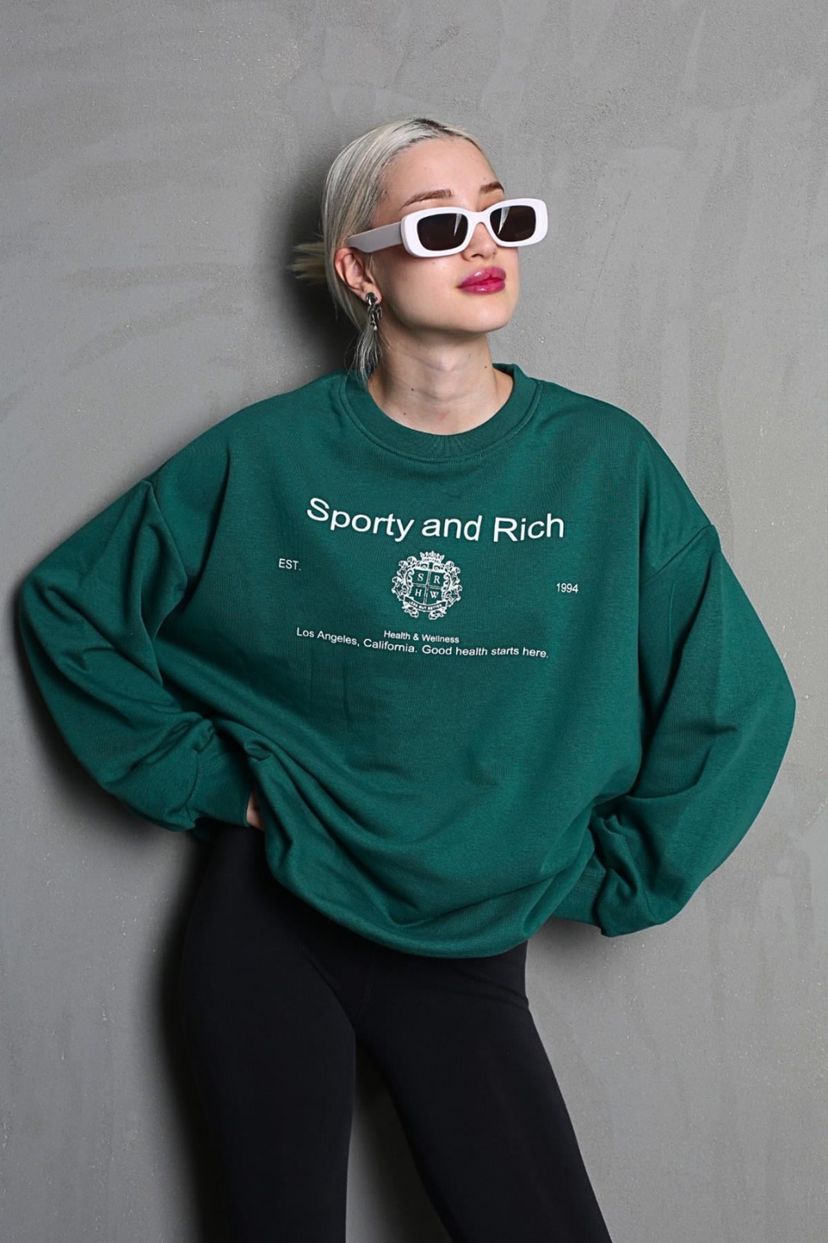 Koyu Yeşil Bisiklet Yaka Baskılı Oversize Kadın Sweatshirt MG1577