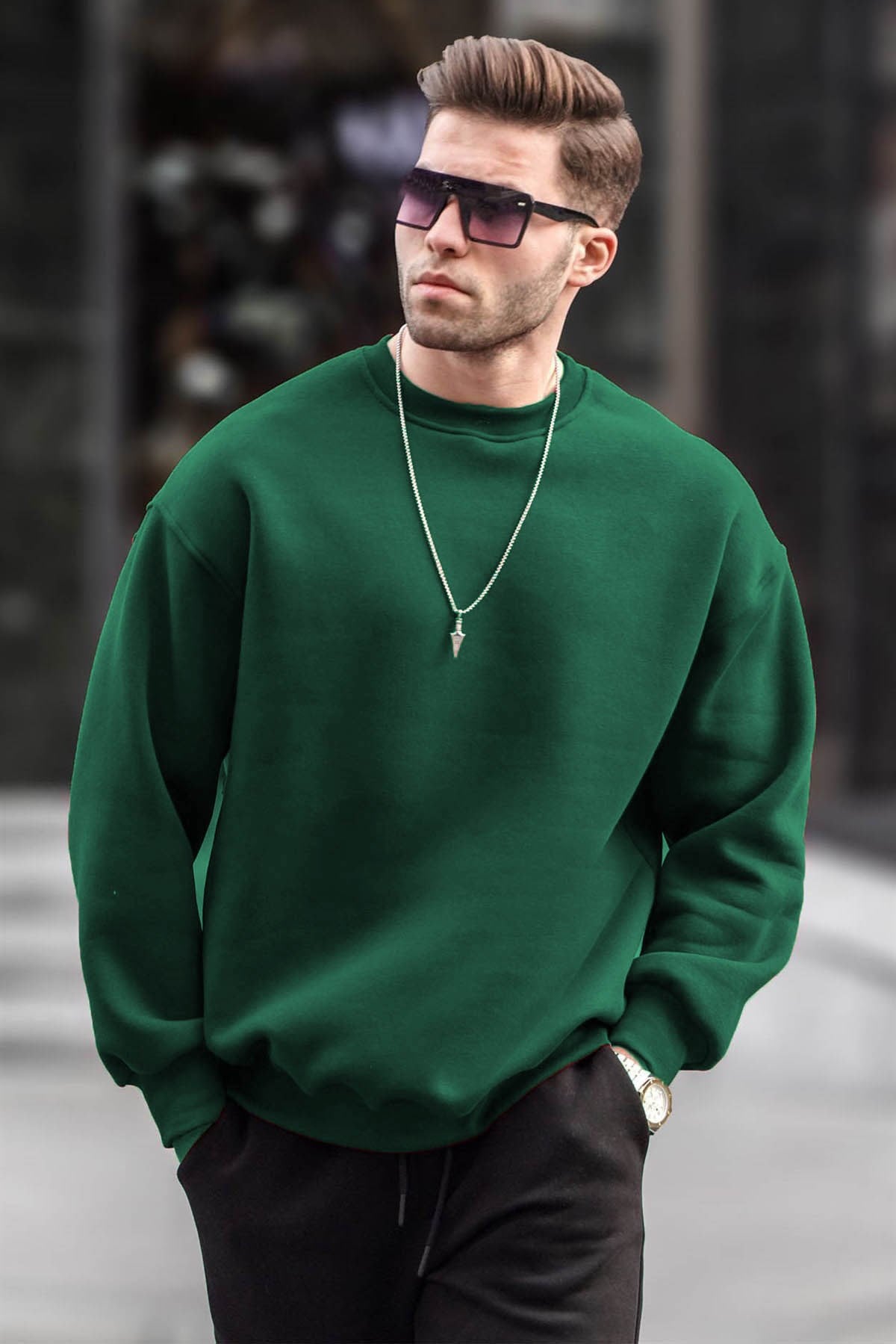Koyu Yeşil Bisiklet Yaka Oversize Şardonlu Basic Erkek Sweatshirt 6048