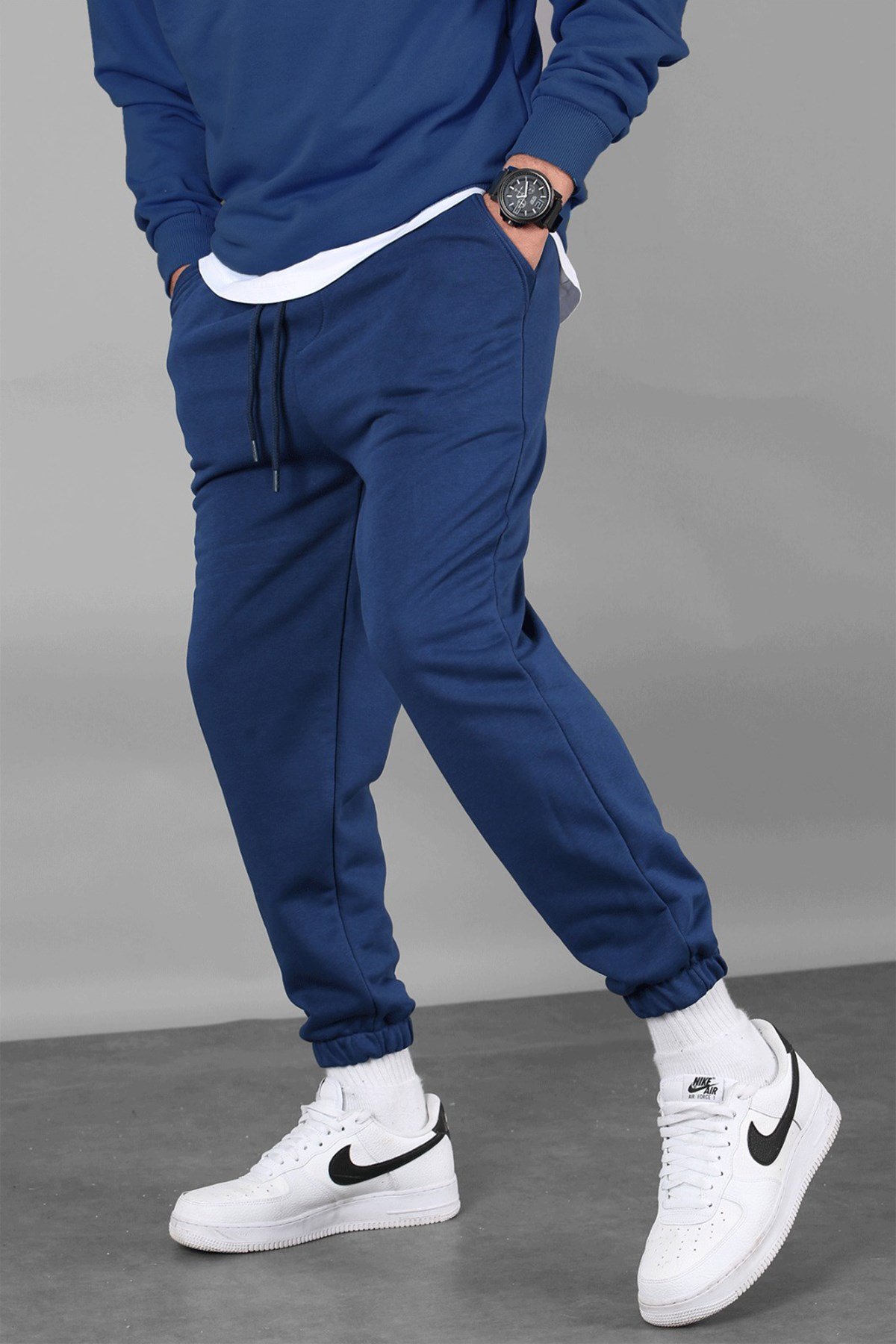 Men Navy Blue Basic Jogger Trousers