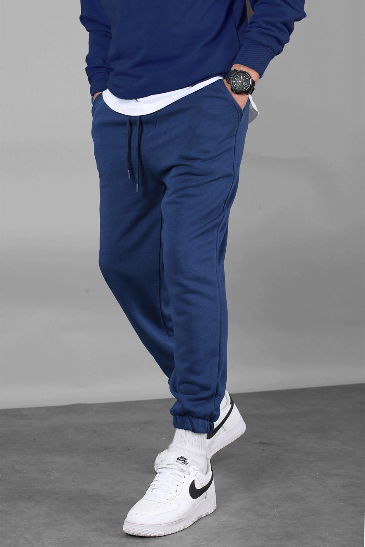 Men Navy Blue Basic Jogger Trousers