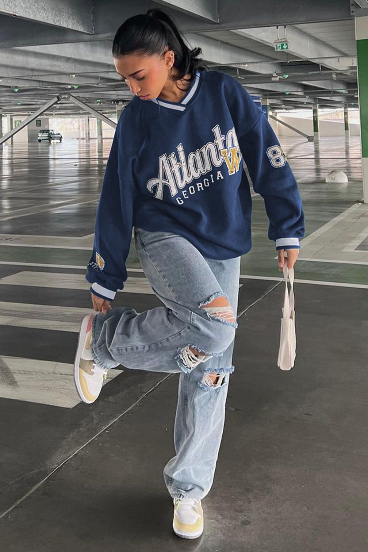 Lacivert Baskılı V Yaka Sweatshirt MG1576