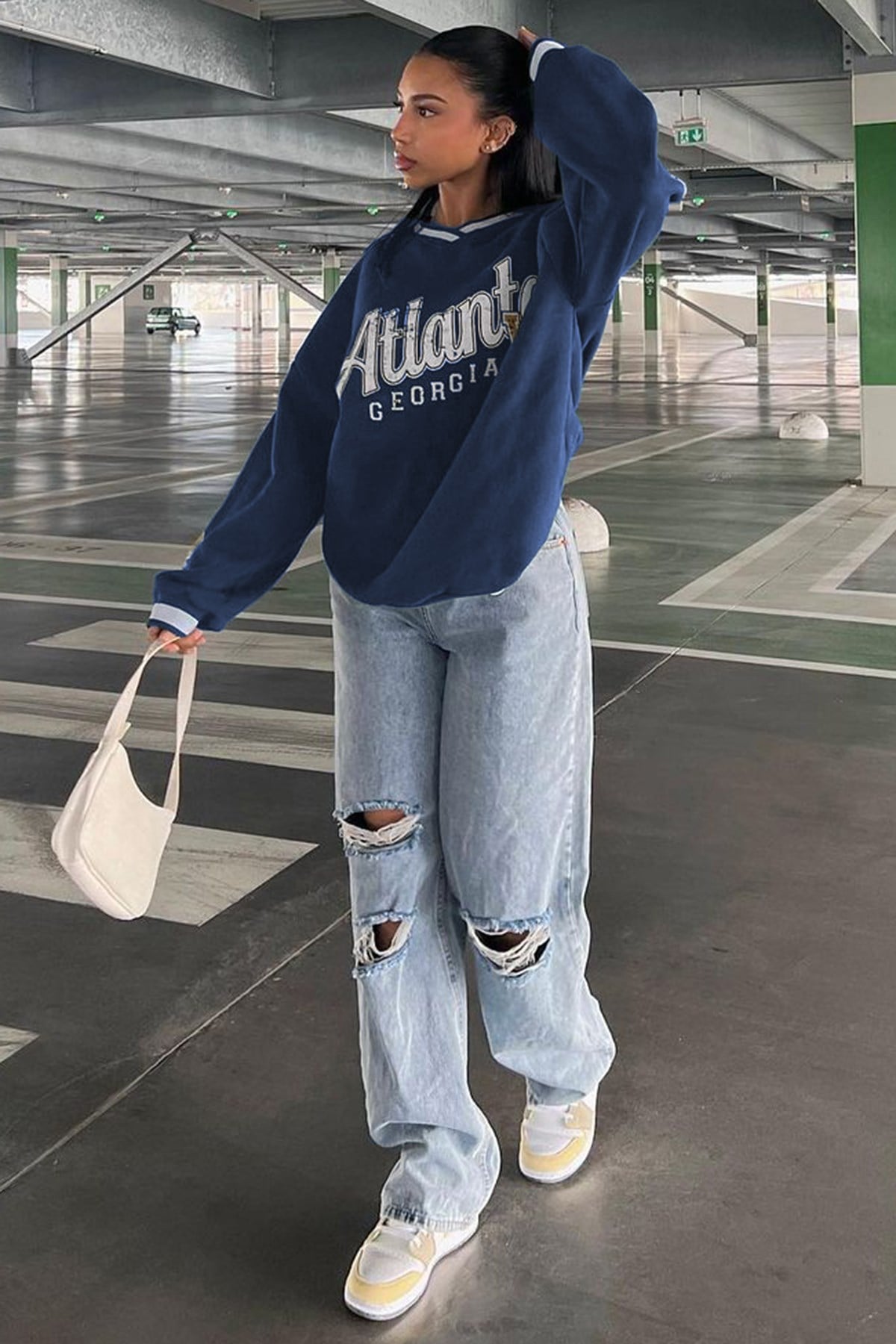 Lacivert Baskılı V Yaka Sweatshirt MG1576