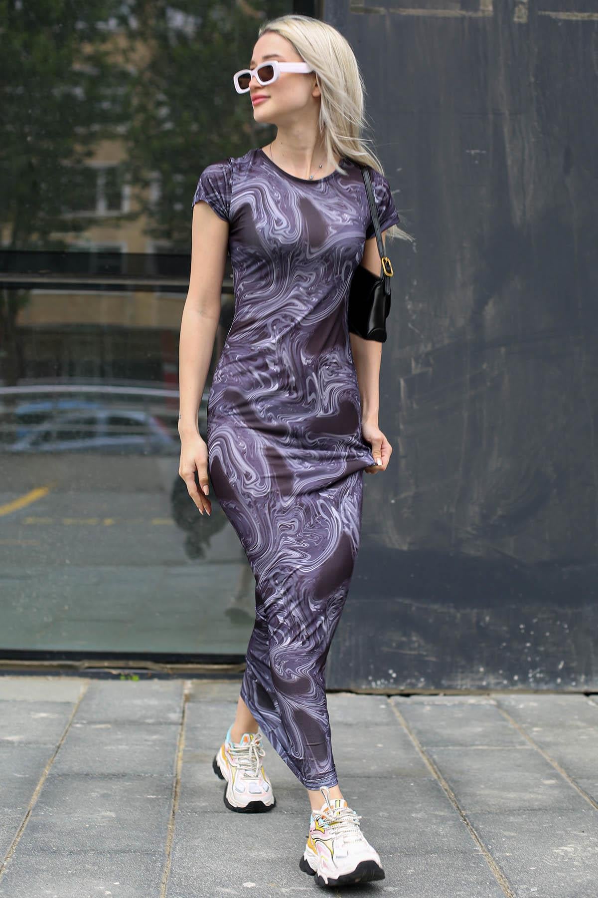 Lacivert Batik Desen Uzun Elbise MG1723