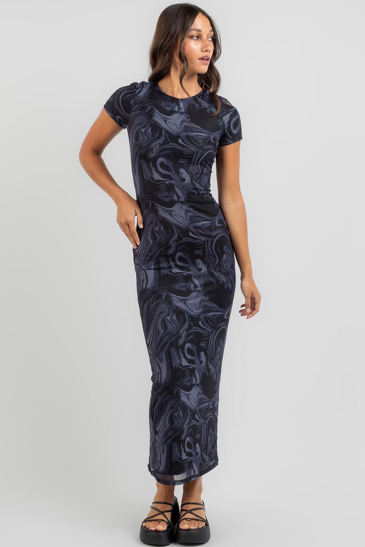 Lacivert Batik Desen Uzun Elbise MG1849