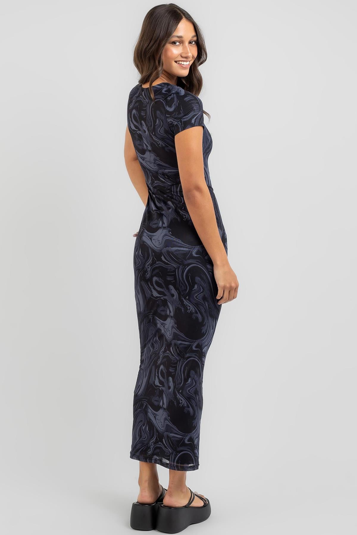 Lacivert Batik Desen Uzun Elbise MG1849
