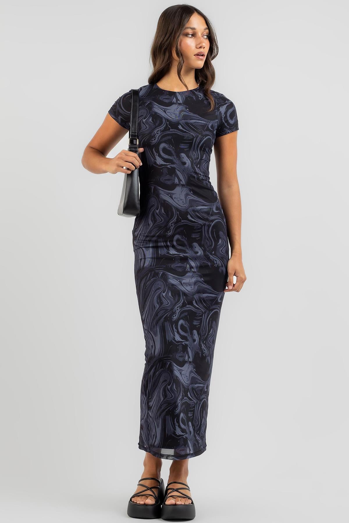 Lacivert Batik Desen Uzun Elbise MG1849