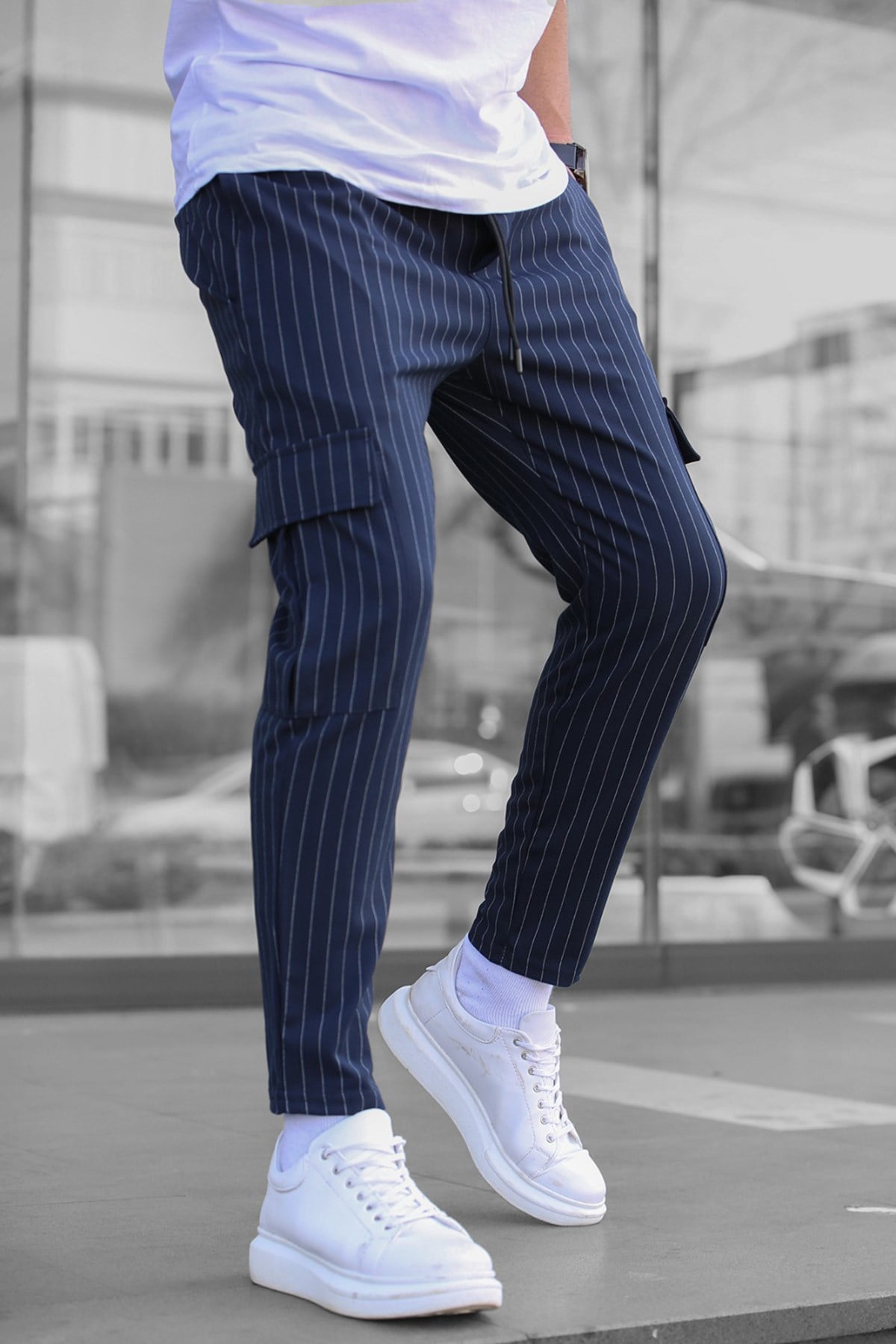 Lacivert Çizgili Kargo Cep Erkek Jogger Pantolon