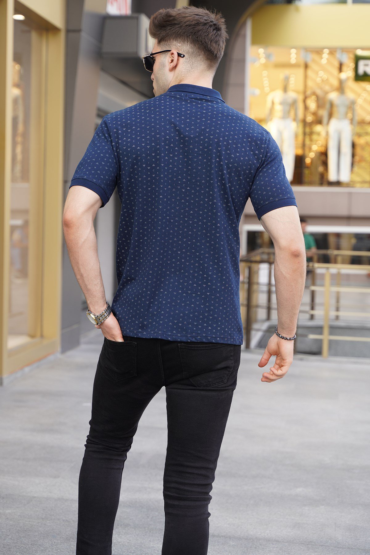 Lacivert Desenli Polo Yaka Tişört 5889
