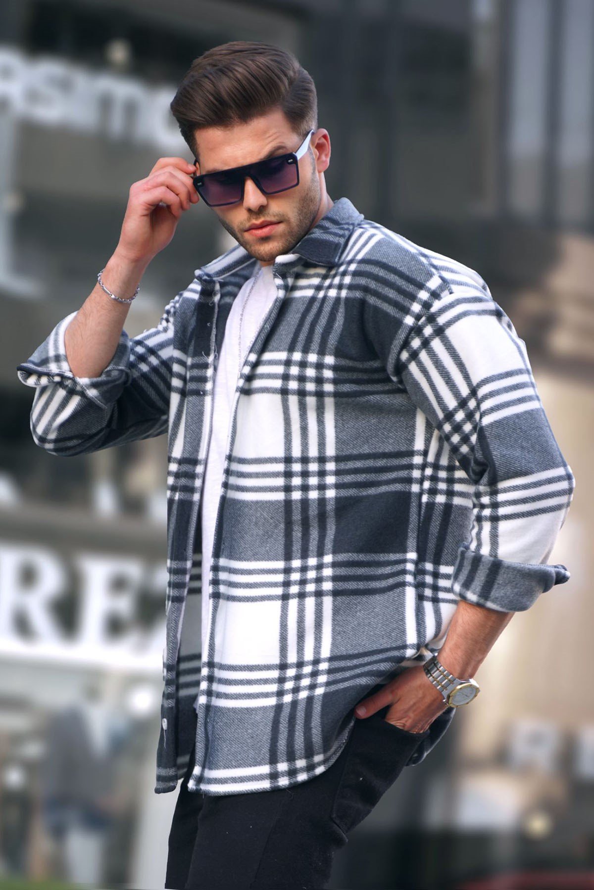 Lacivert Ekose Desenli Polar Gömlek T5571