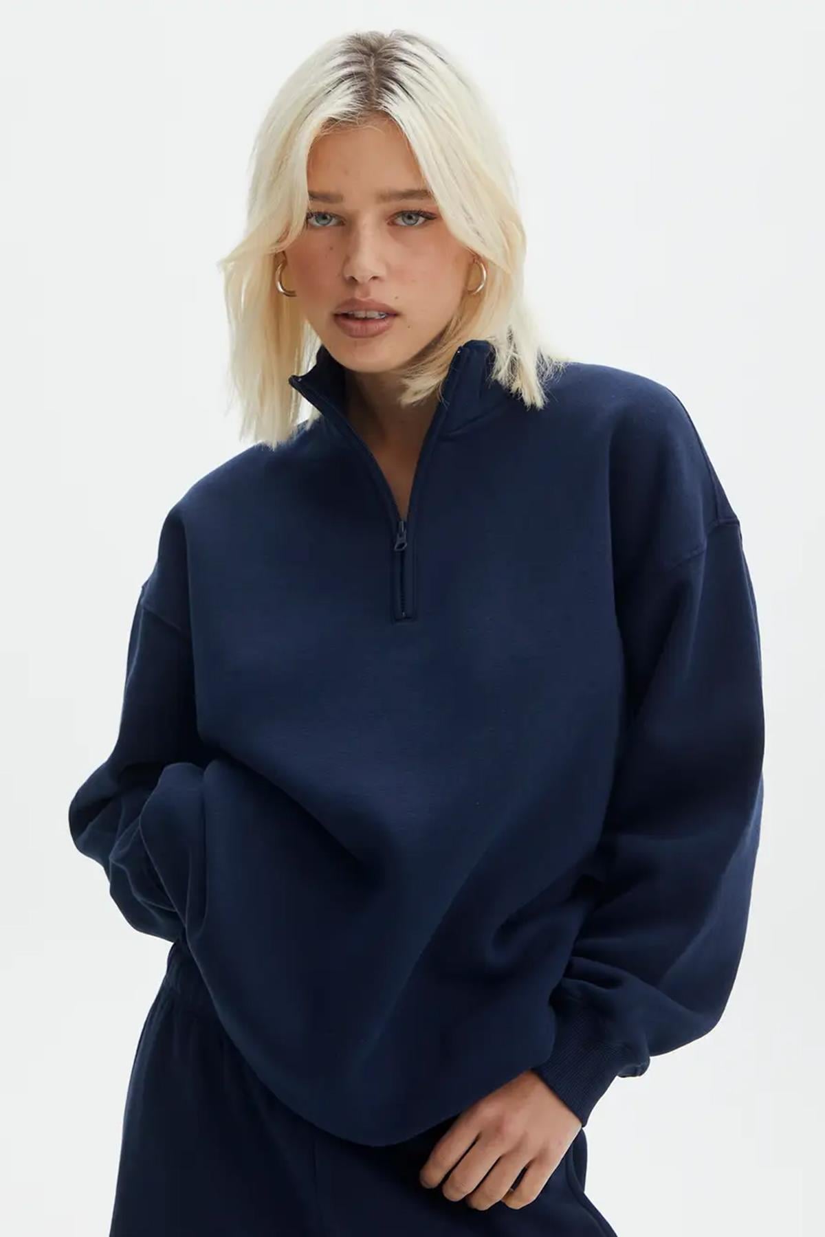 Lacivert Fermuar Detaylı Oversize Sweatshirt MG1933