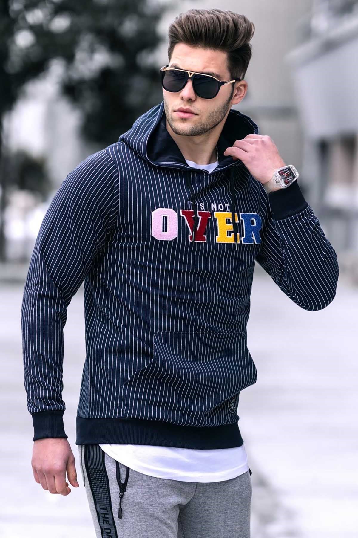 Navy Blue Hooded Sweatshirt - Stripe Detailed 2788