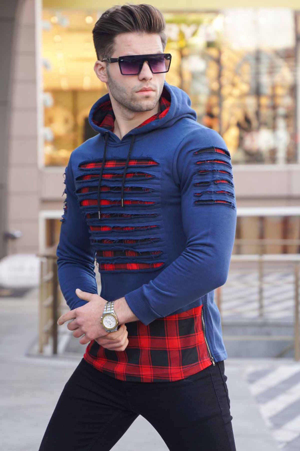Lacivert Yırtık Detaylı Kapüşonlu Sweatshirt 2656