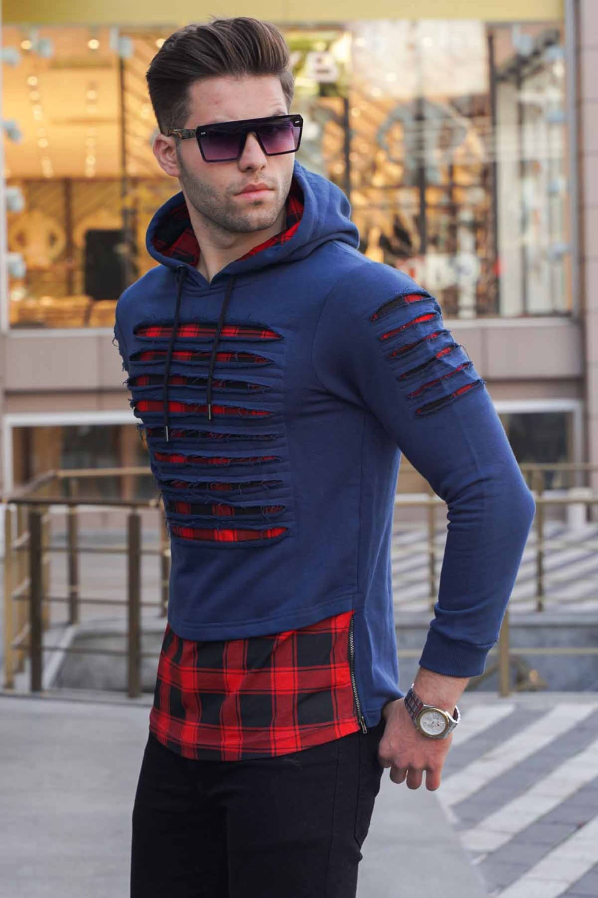 Lacivert Yırtık Detaylı Kapüşonlu Sweatshirt 2656