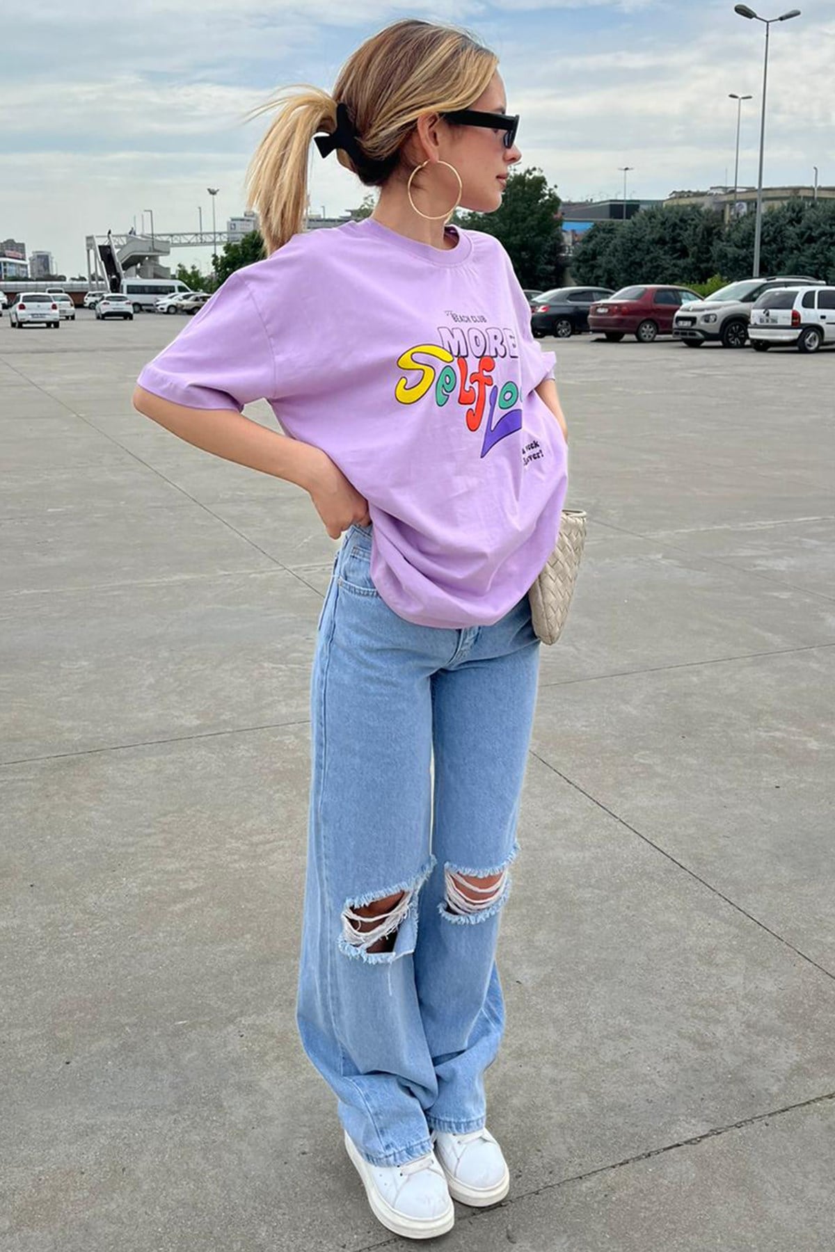 Lila Baskılı Oversize Tişört MG1522