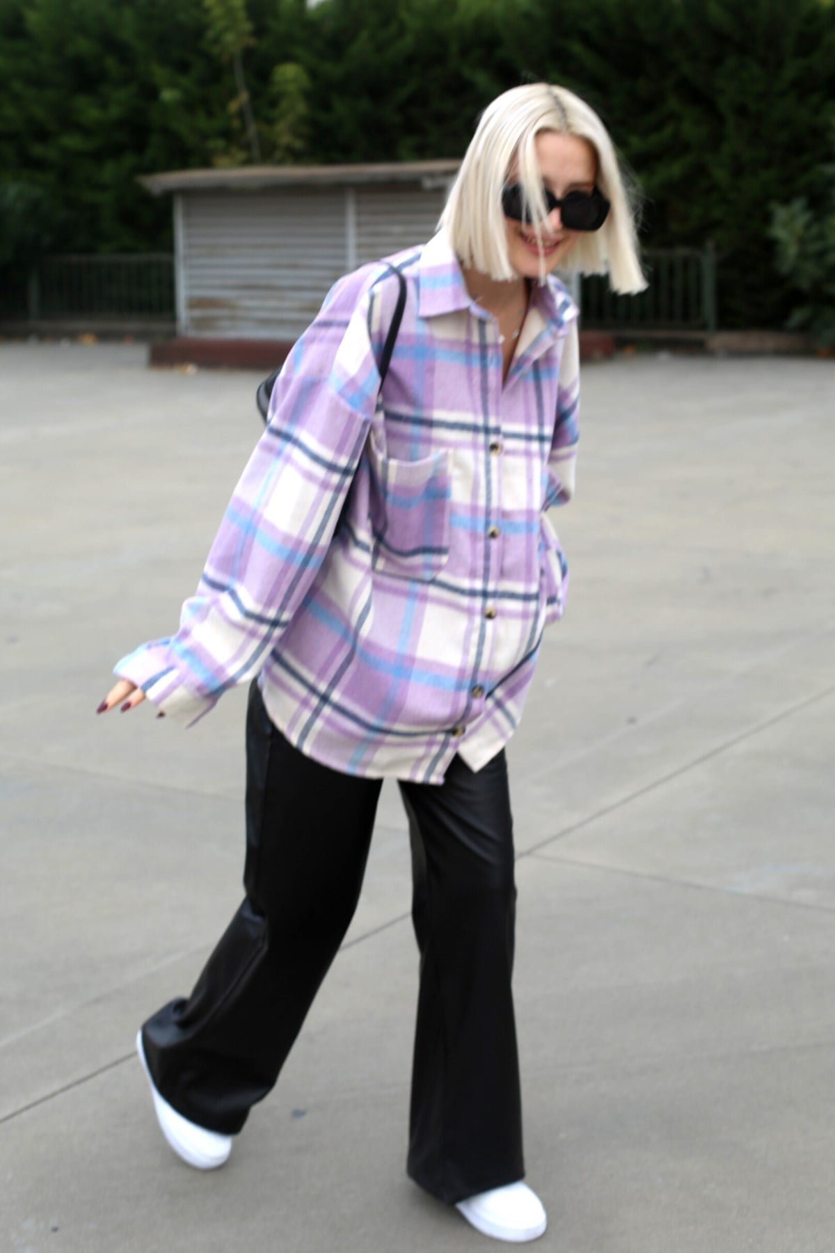 Lila Oversize Kadın Oduncu Gömlek MG1589