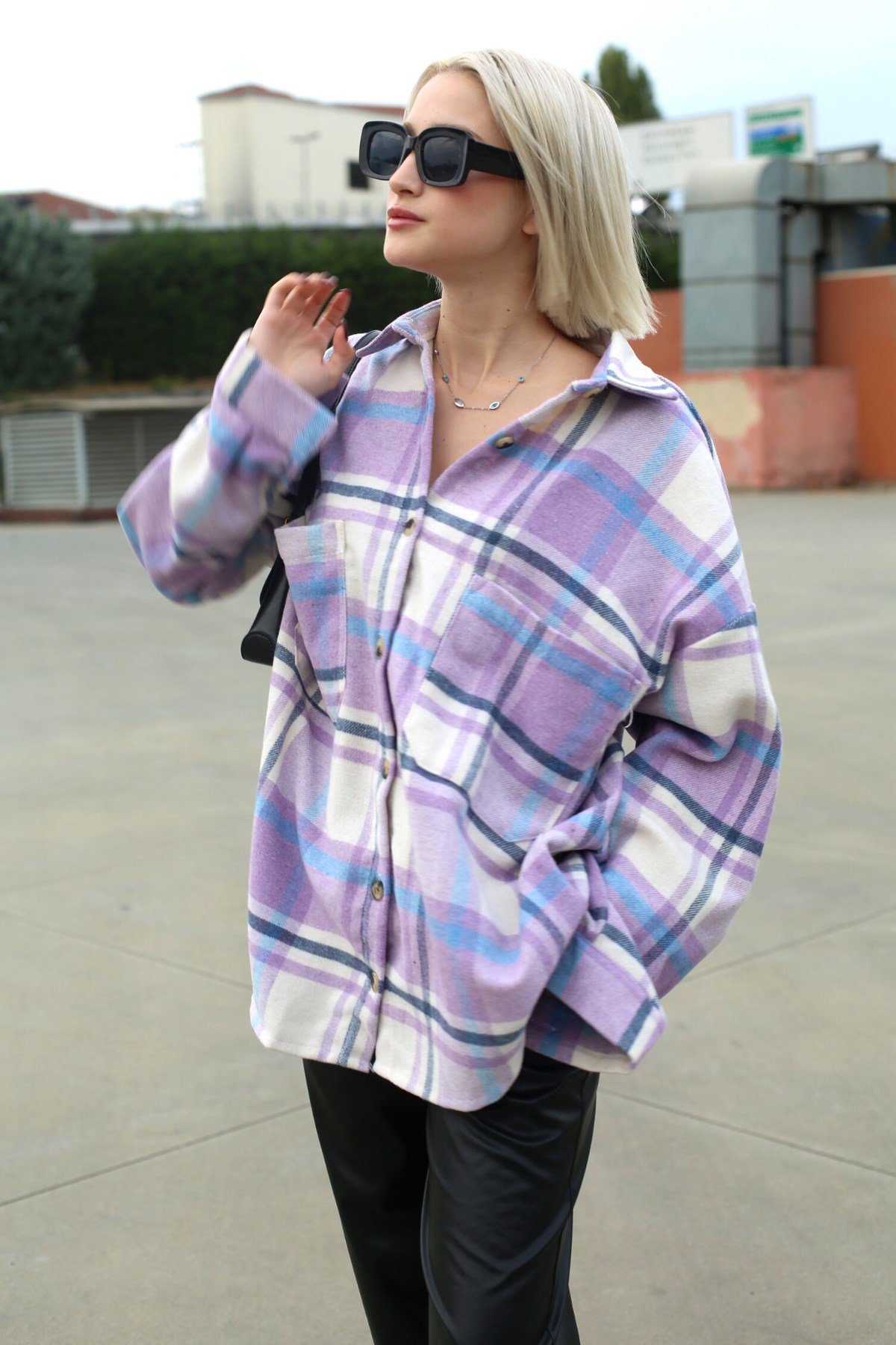 Lila Oversize Kadın Oduncu Gömlek MG1589