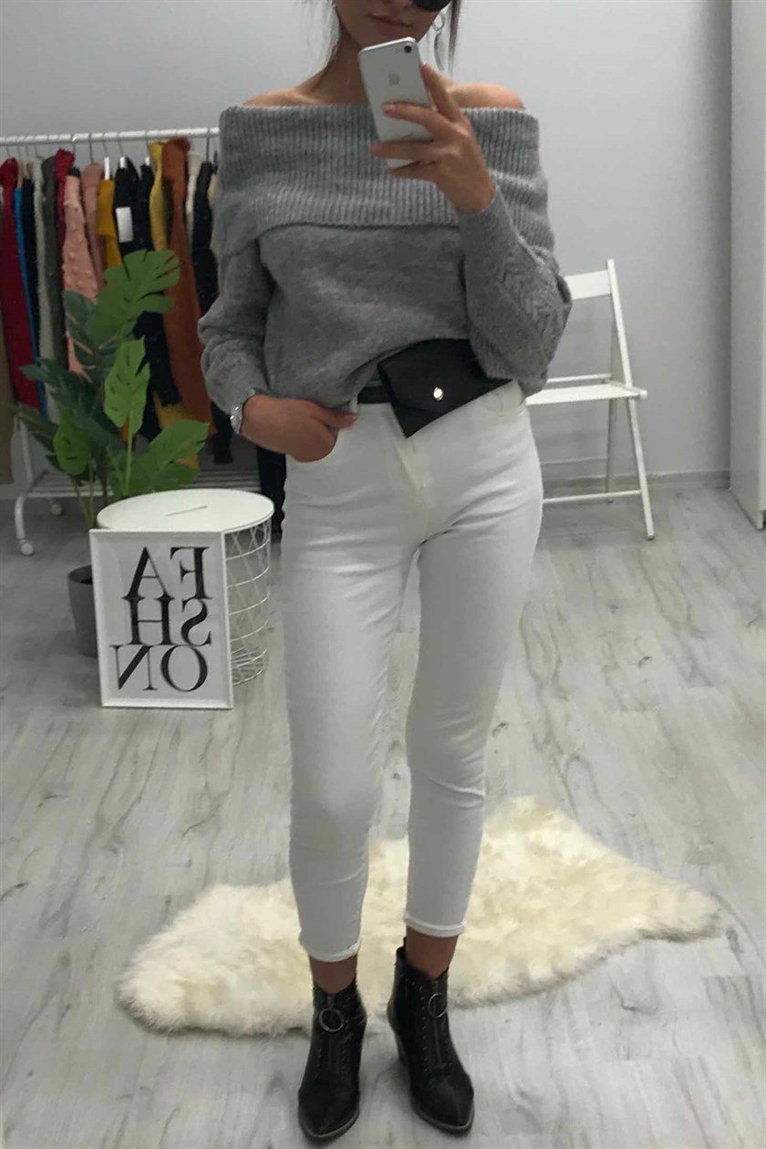 Mad Girls  Kadın Gri Kayık Yaka Kazak MG151