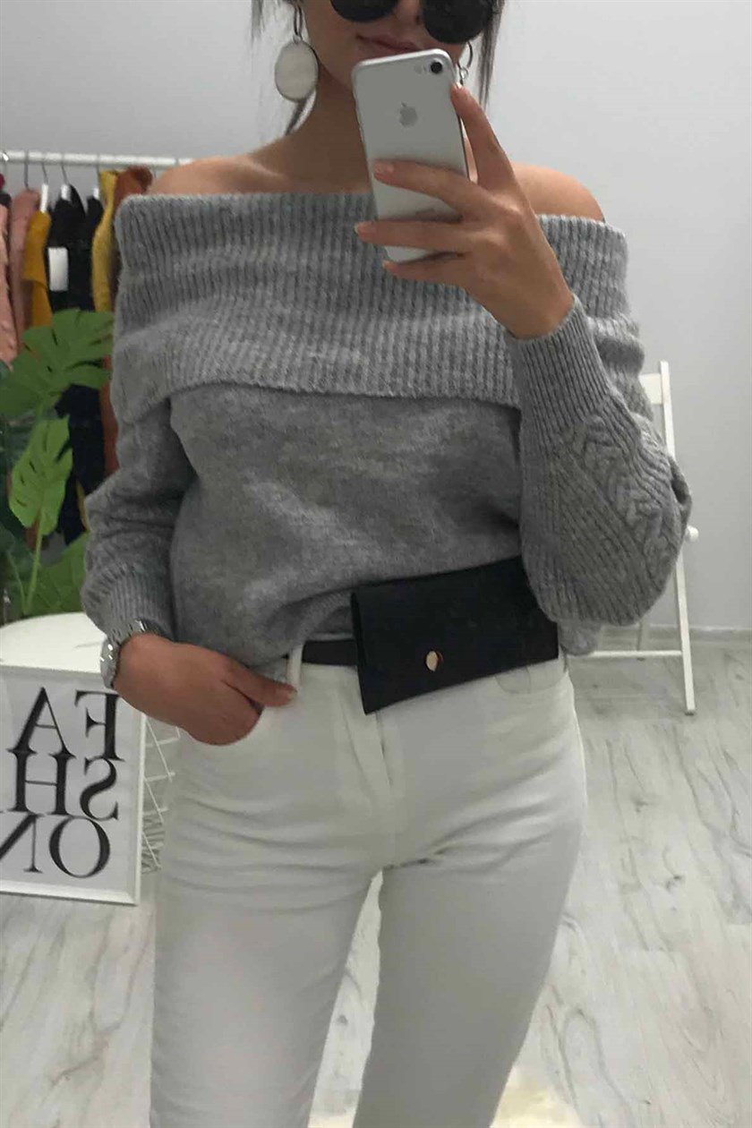 Mad Girls  Kadın Gri Kayık Yaka Kazak MG151