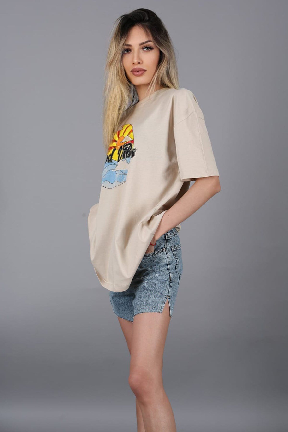 Mad Girls Bej Baskılı Tişört Mg1148